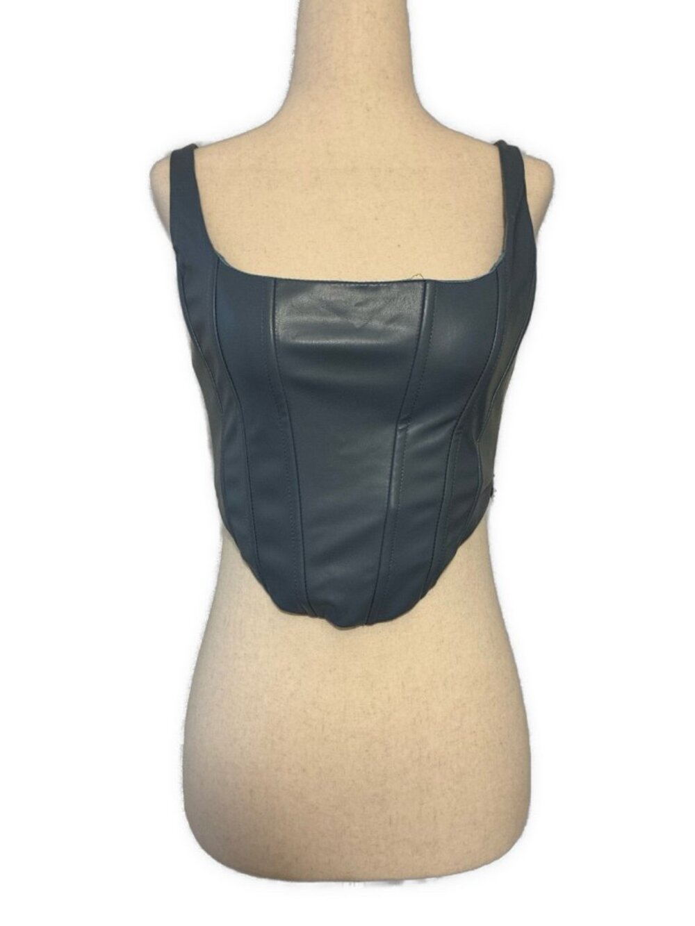 Bear Dance Blue Faux Leather Corset Crop Top Cami Adjustable Straps Size Small